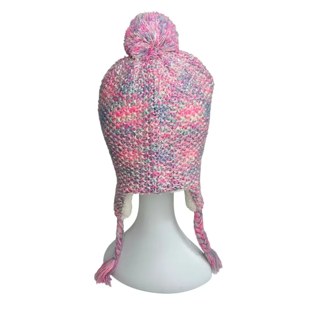 Capelli Girls Pink Pastel Sequin Embellished Knit Sherpa Toboggan Cap Hat 5-8 YO